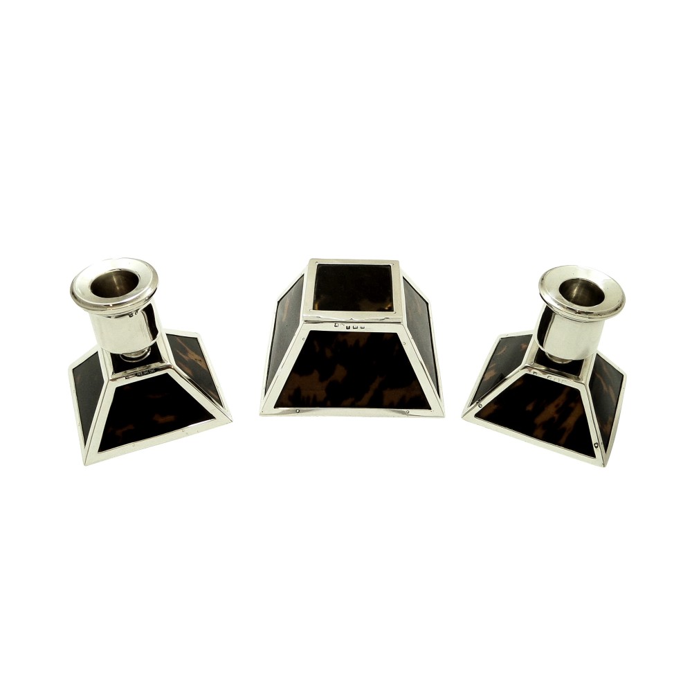 Antique Sterling Silver & Tortoiseshell Inkwell & Candlesticks Desk Set 1922