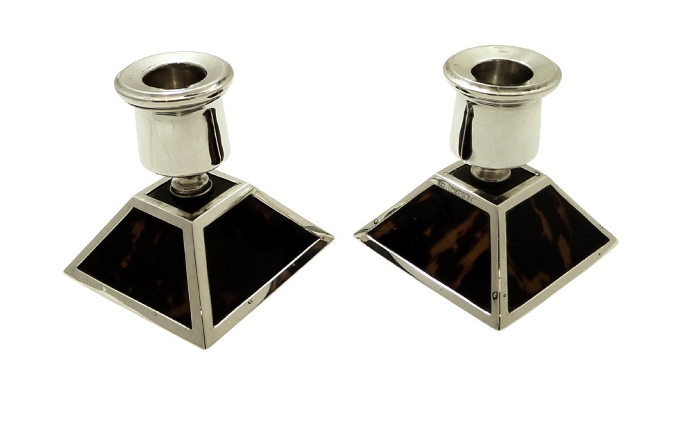 Antique Sterling Silver & Tortoiseshell Inkwell & Candlesticks Desk Set 1922 View III