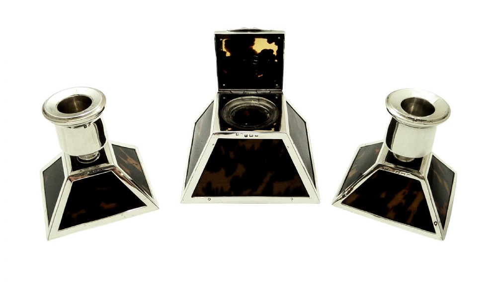 Antique Sterling Silver & Tortoiseshell Inkwell & Candlesticks Desk Set 1922 View VI