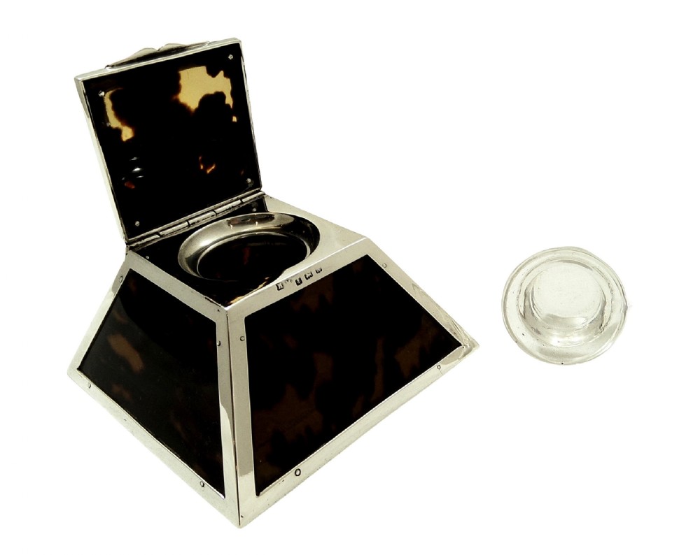 Antique Sterling Silver & Tortoiseshell Inkwell & Candlesticks Desk Set 1922 View VII