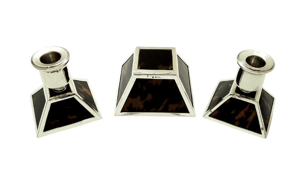Antique Sterling Silver & Tortoiseshell Inkwell & Candlesticks Desk Set 1922 View XII