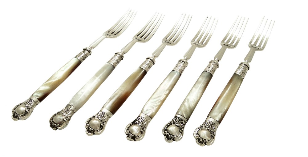 Set of 6 Antique Victorian Sterling Silver & Mother of Pearl Desert Forks 1896  View II