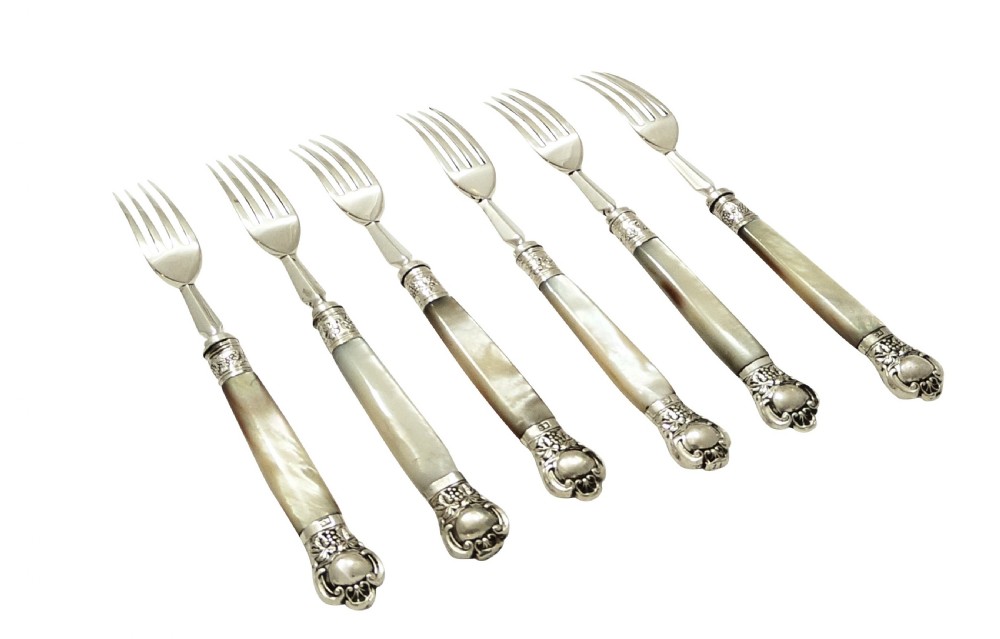 Set of 6 Antique Victorian Sterling Silver & Mother of Pearl Desert Forks 1896  View VII