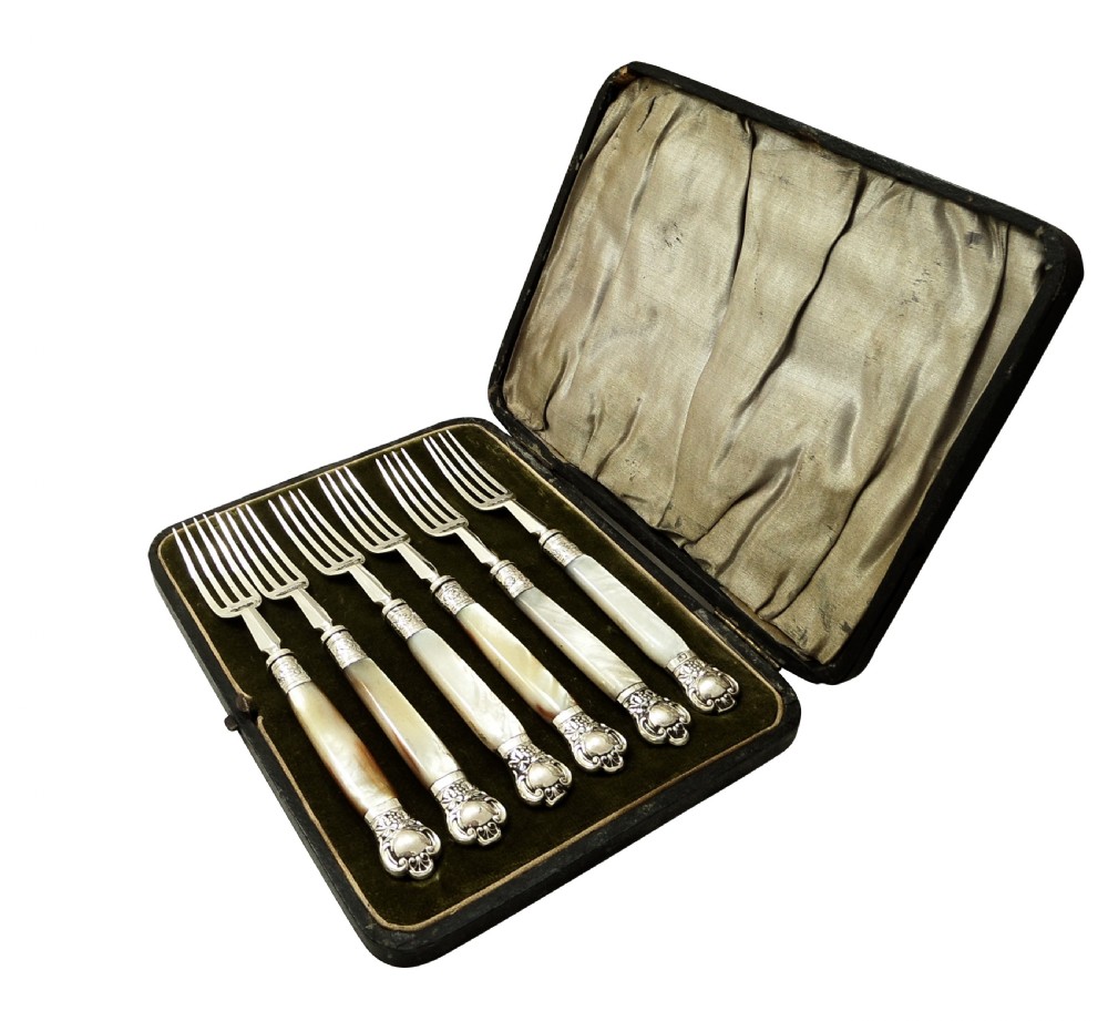 Set of 6 Antique Victorian Sterling Silver & Mother of Pearl Desert Forks 1896  View XI