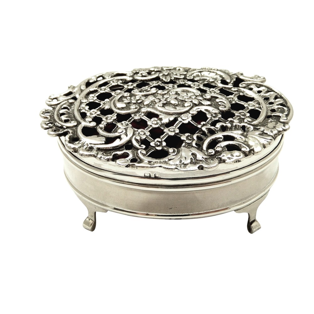 Antique Sterling Silver Pierced Lid Trinket Box 1925
