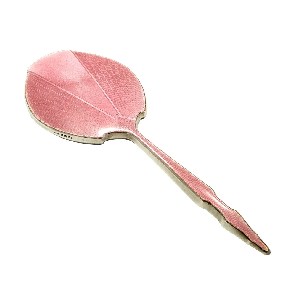 Antique Art Deco Sterling Silver & Pink Enamel Hand Mirror 1935