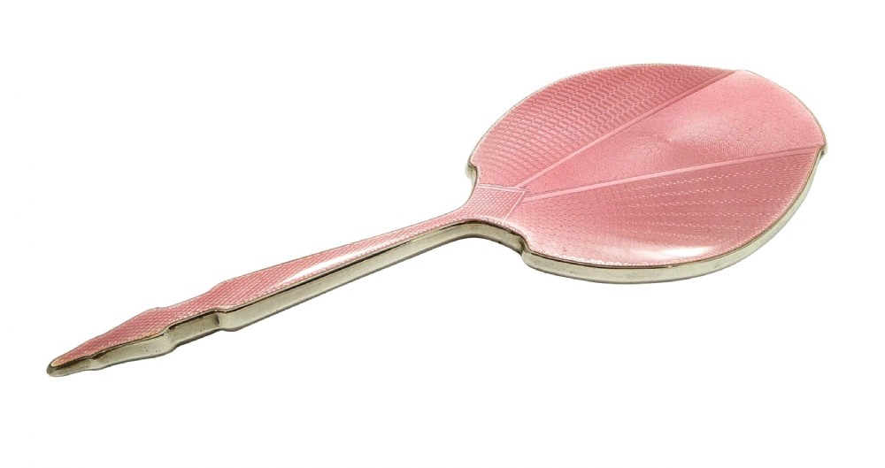 Antique Art Deco Sterling Silver & Pink Enamel Hand Mirror 1935 View VII