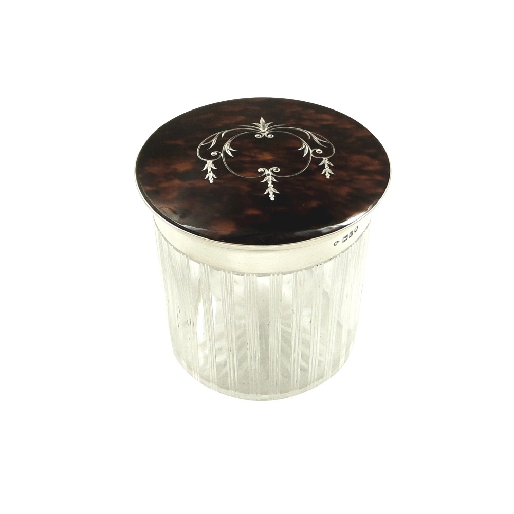 Antique Sterling Silver & Inlaid Tortoiseshell Vanity jar 1914