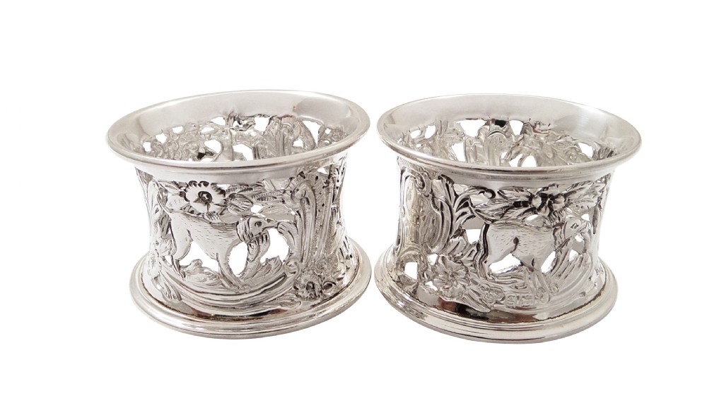 Pair of Antique Edwardian Sterling Silver 'Animals' Napkin Rings in Case 1902 View III
