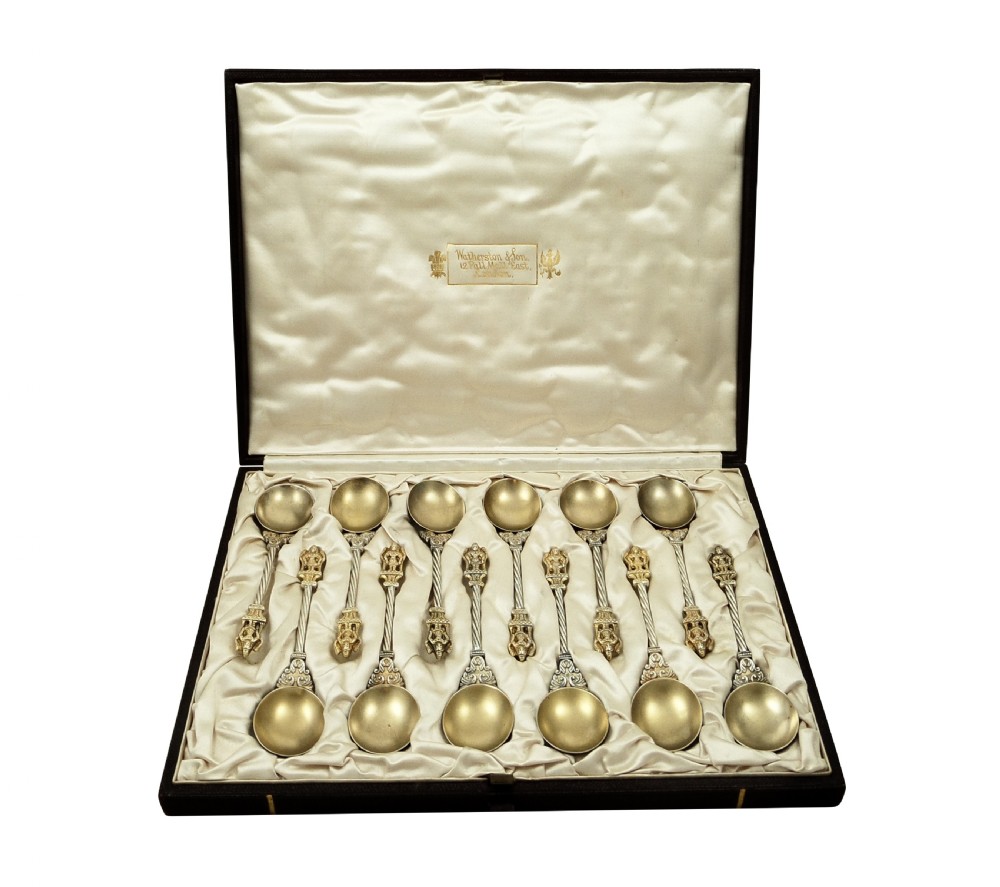 Set of 12 Antique Victorian Frosted Silver Gilt Teaspoons 1888 View X