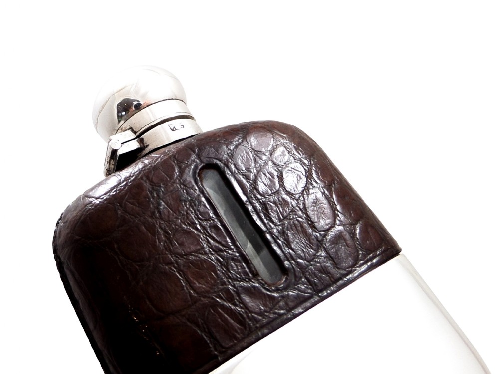 Antique Victorian Silver Plated & Crocodile Leather Hip  Flask c1890 View IV