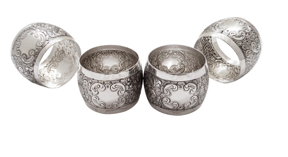 Set of 4 Antique Victorian Sterling Silver Napkin Rings in Case 1898 View VII