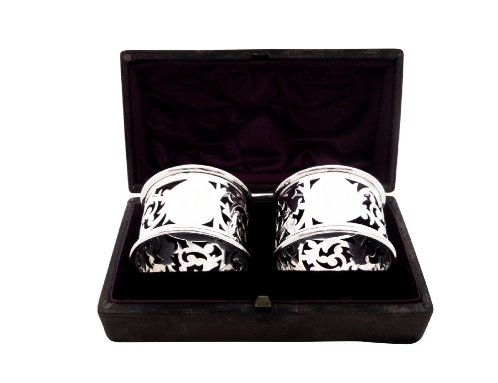 Pair of Antique Edwardian Sterling Silver Napkin Rings in Case 1904 View VIII