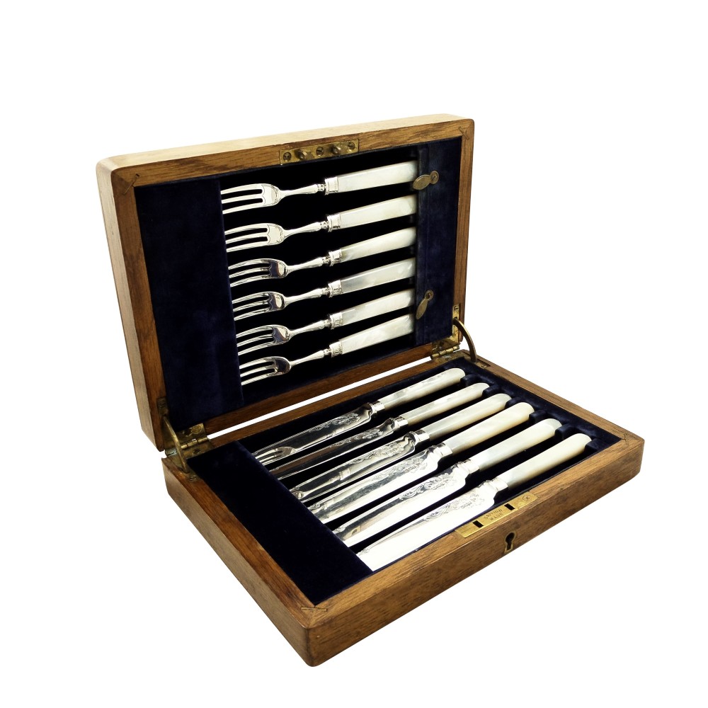 Antique Victorian Sterling Silver & Mother of Pearl Dessert Cutlery Set 1898