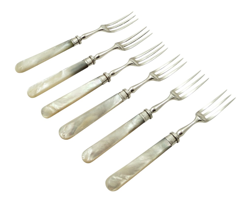 Antique Victorian Sterling Silver & Mother of Pearl Dessert Cutlery Set 1898 View IV
