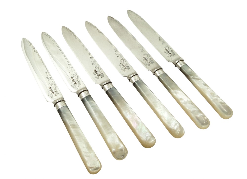 Antique Victorian Sterling Silver & Mother of Pearl Dessert Cutlery Set 1898 View VI