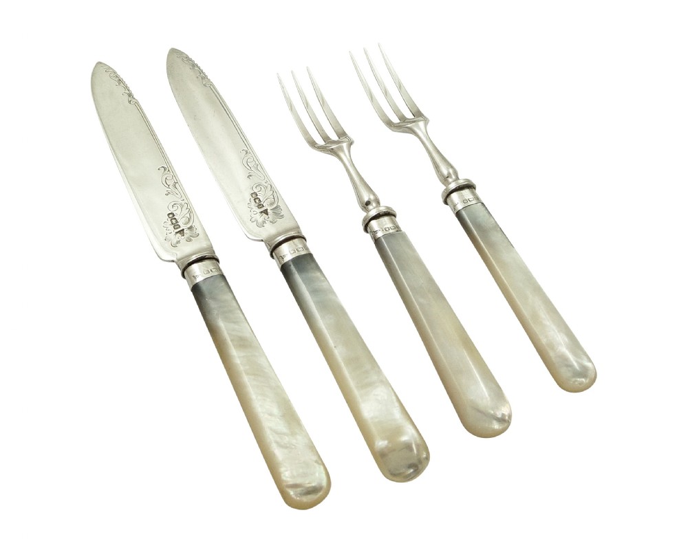 Antique Victorian Sterling Silver & Mother of Pearl Dessert Cutlery Set 1898 View VII