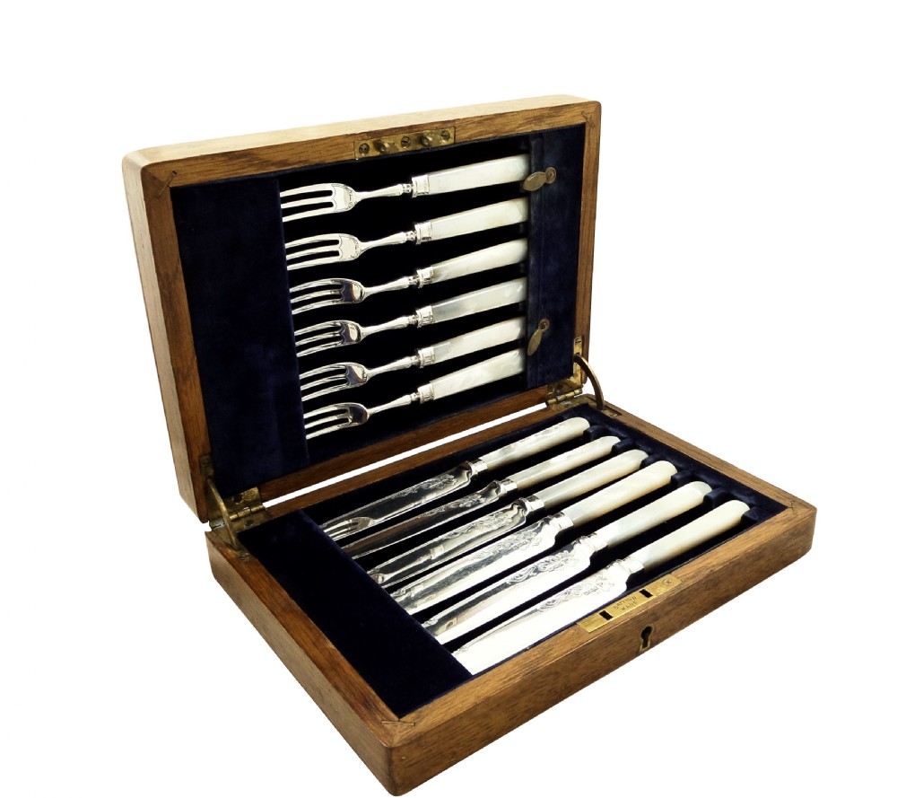 Antique Victorian Sterling Silver & Mother of Pearl Dessert Cutlery Set 1898 View X