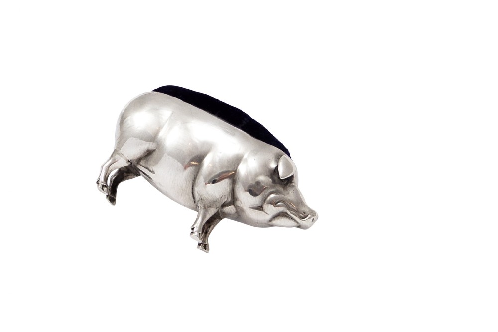 Large Antique Edwardian Sterling Silver Pig Pin Cushion 1920 View III