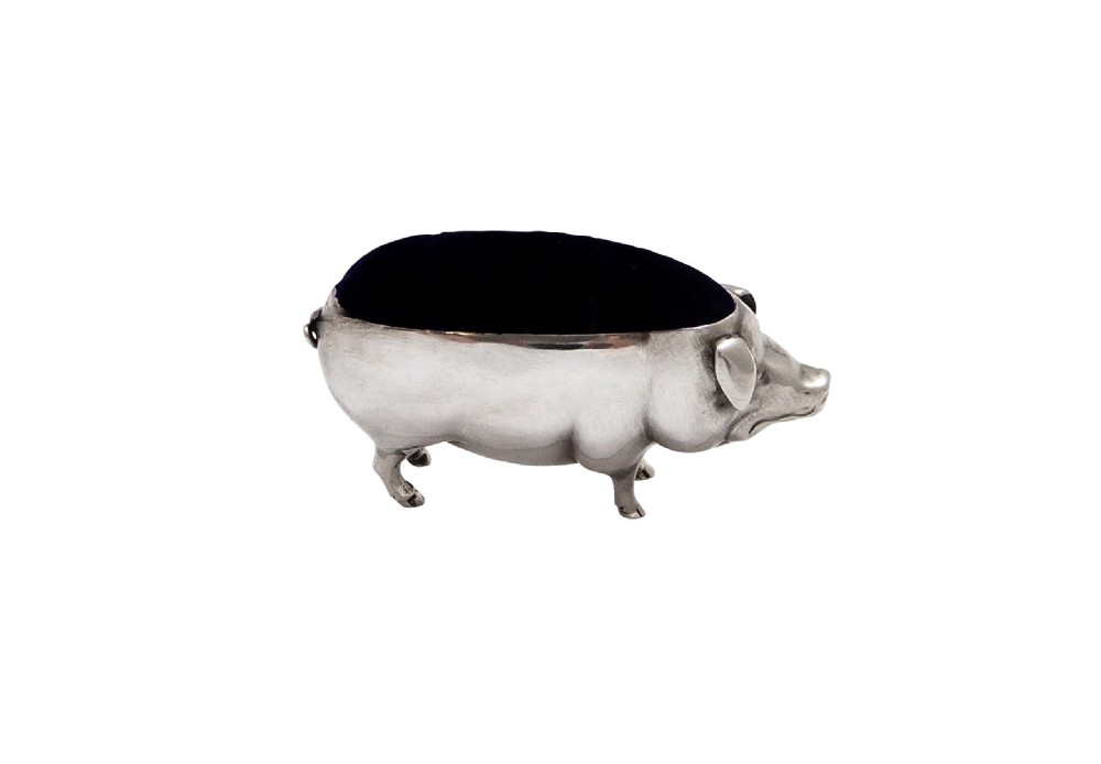 Large Antique Edwardian Sterling Silver Pig Pin Cushion 1920 View V