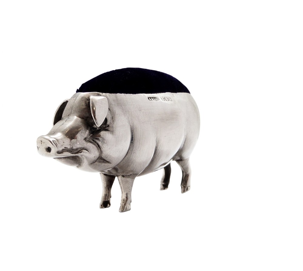 Large Antique Edwardian Sterling Silver Pig Pin Cushion 1920 View IX