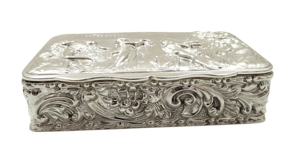 Antique Edwardian Sterling Silver Trinket Box with Scene 1901 View II