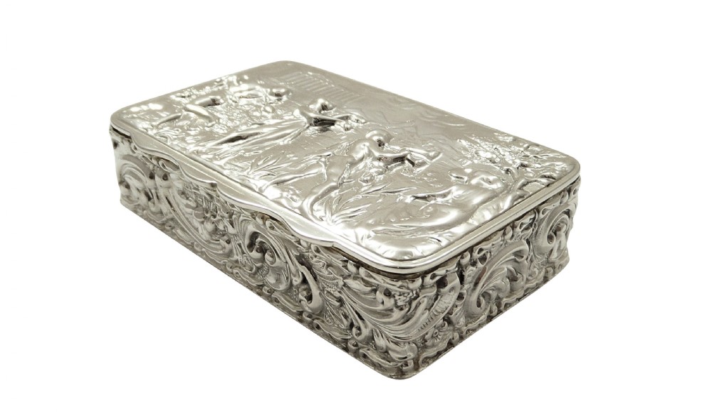Antique Edwardian Sterling Silver Trinket Box with Scene 1901 View VII