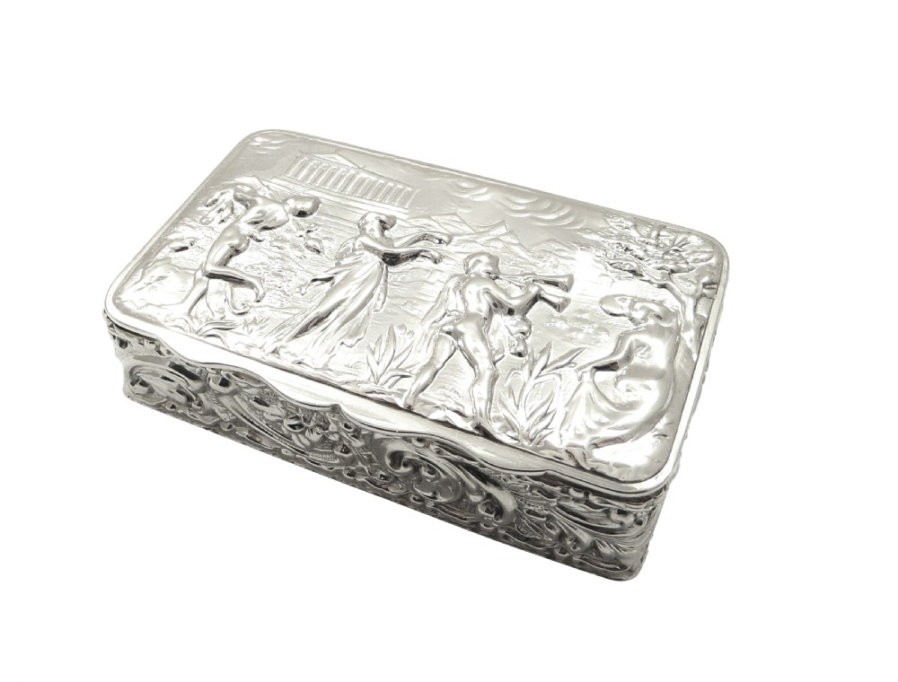 Antique Edwardian Sterling Silver Trinket Box with Scene 1901 View X