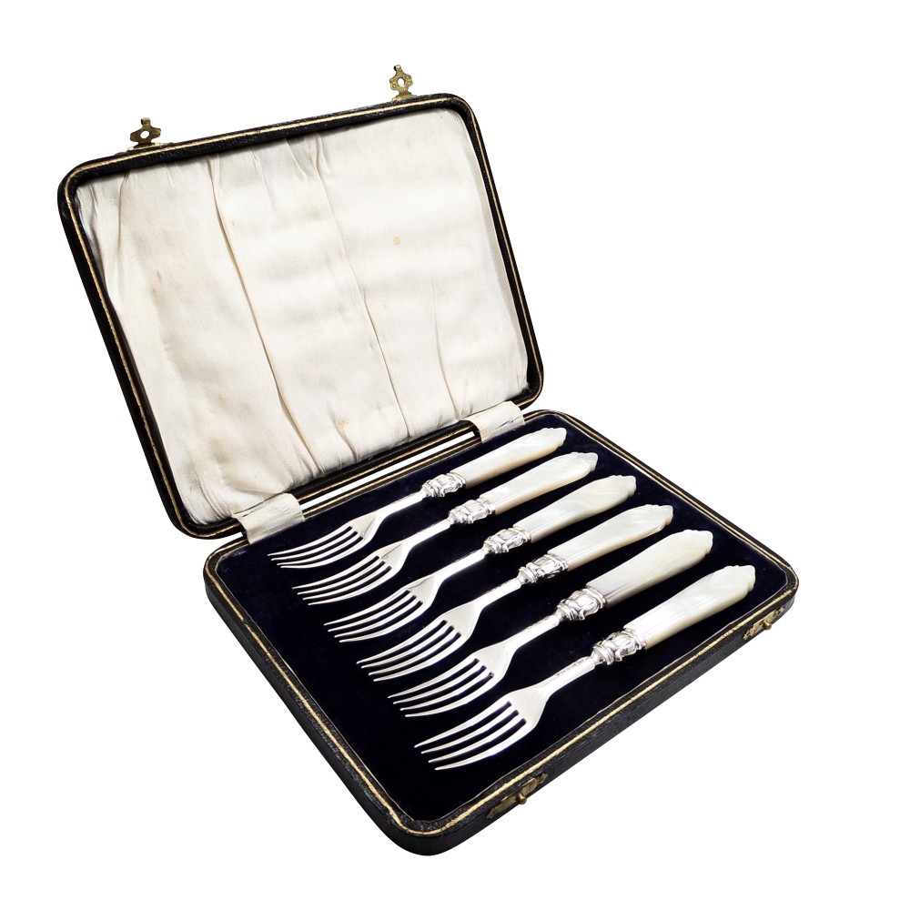 Set of 6 Antique Victorian Silver & Mother of Pearl Dessert Forks in Case 1854