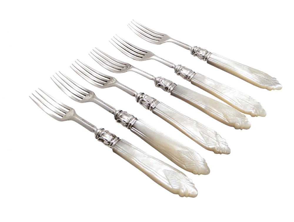 Set of 6 Antique Victorian Silver & Mother of Pearl Dessert Forks in Case 1854 View II