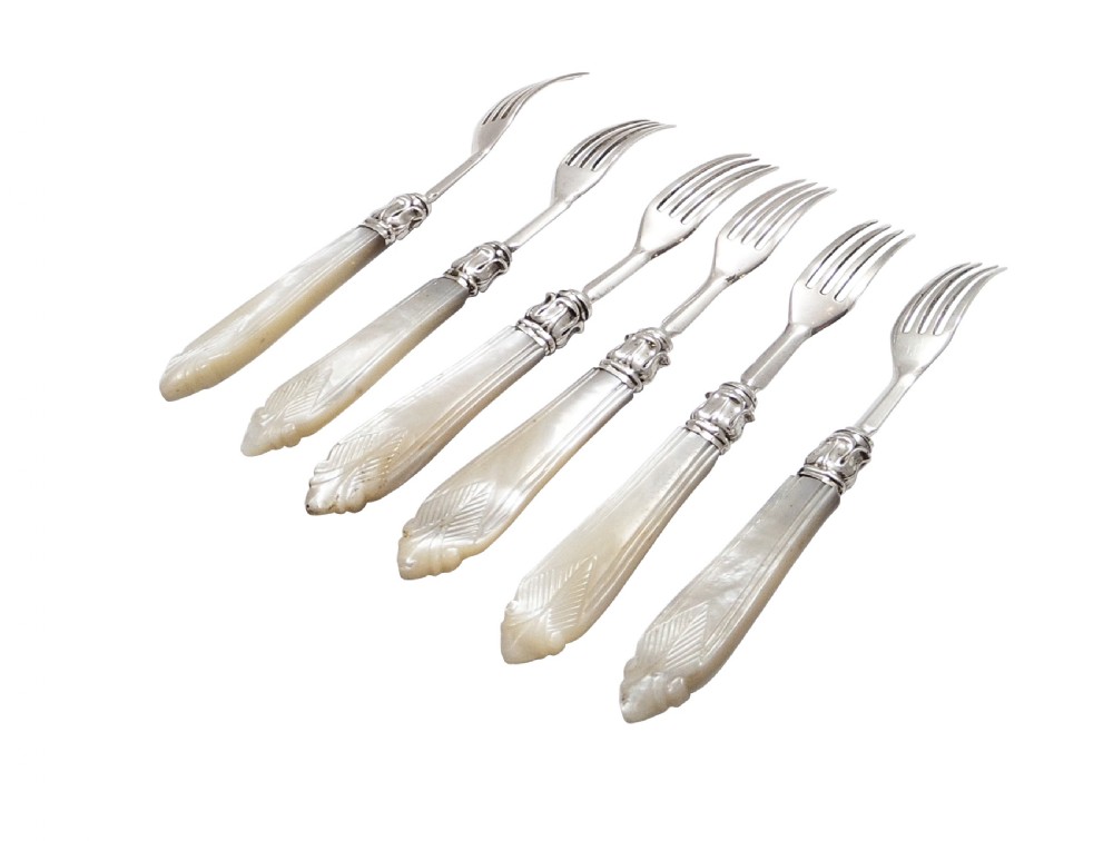 Set of 6 Antique Victorian Silver & Mother of Pearl Dessert Forks in Case 1854 View V