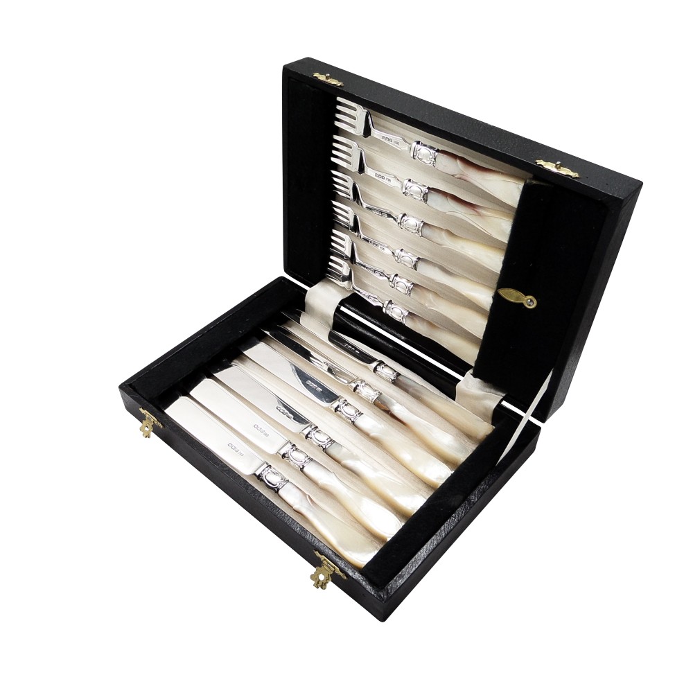 Set of Antique Sterling Silver & Mother of Pearl Fish Knives and Forks for 6 - 1921