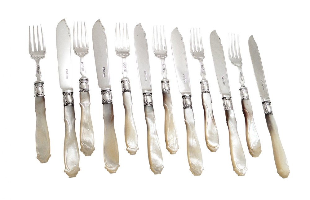 Set of Antique Sterling Silver & Mother of Pearl Fish Knives and Forks for 6 - 1921 View II