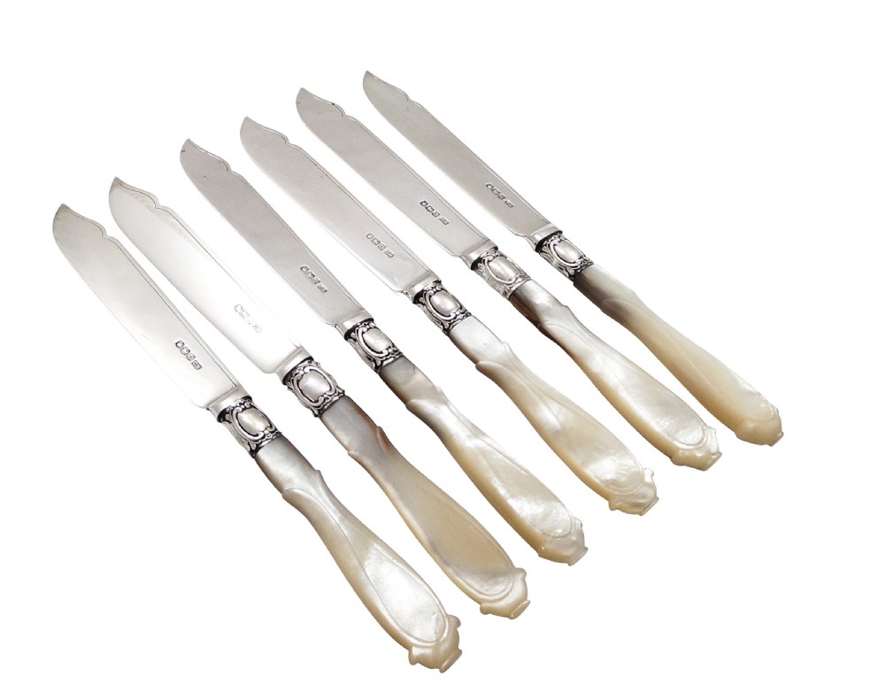 Set of Antique Sterling Silver & Mother of Pearl Fish Knives and Forks for 6 - 1921 View III