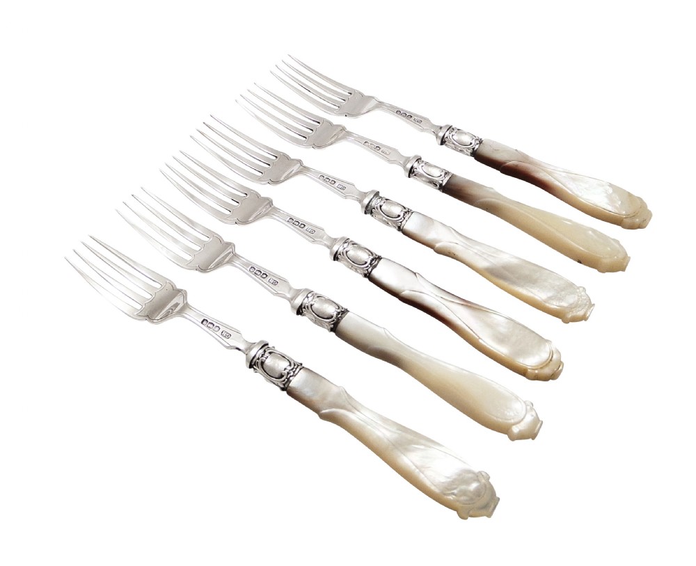 Set of Antique Sterling Silver & Mother of Pearl Fish Knives and Forks for 6 - 1921 View VI