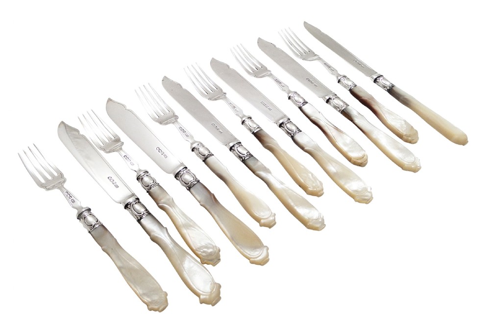 Set of Antique Sterling Silver & Mother of Pearl Fish Knives and Forks for 6 - 1921 View VII