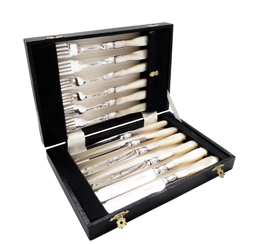 Set of Antique Sterling Silver & Mother of Pearl Fish Knives and Forks for 6 - 1921 View XIV
