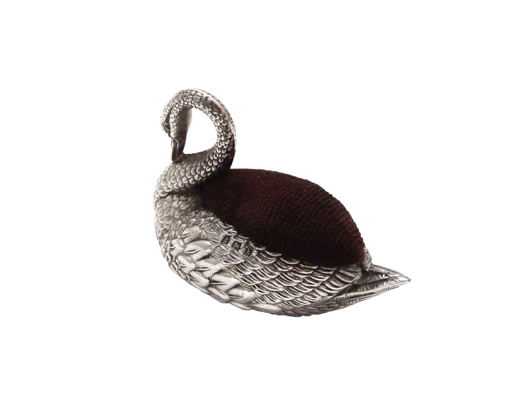 Antique Edwardian Sterling Silver Swan Pin Cushion 1907 View IV