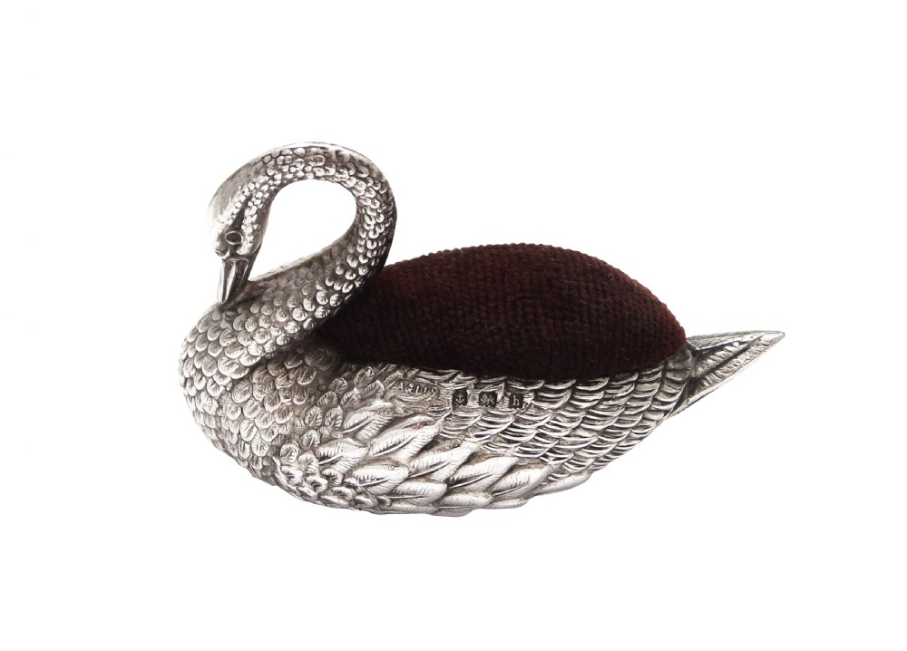 Antique Edwardian Sterling Silver Swan Pin Cushion 1907 View V