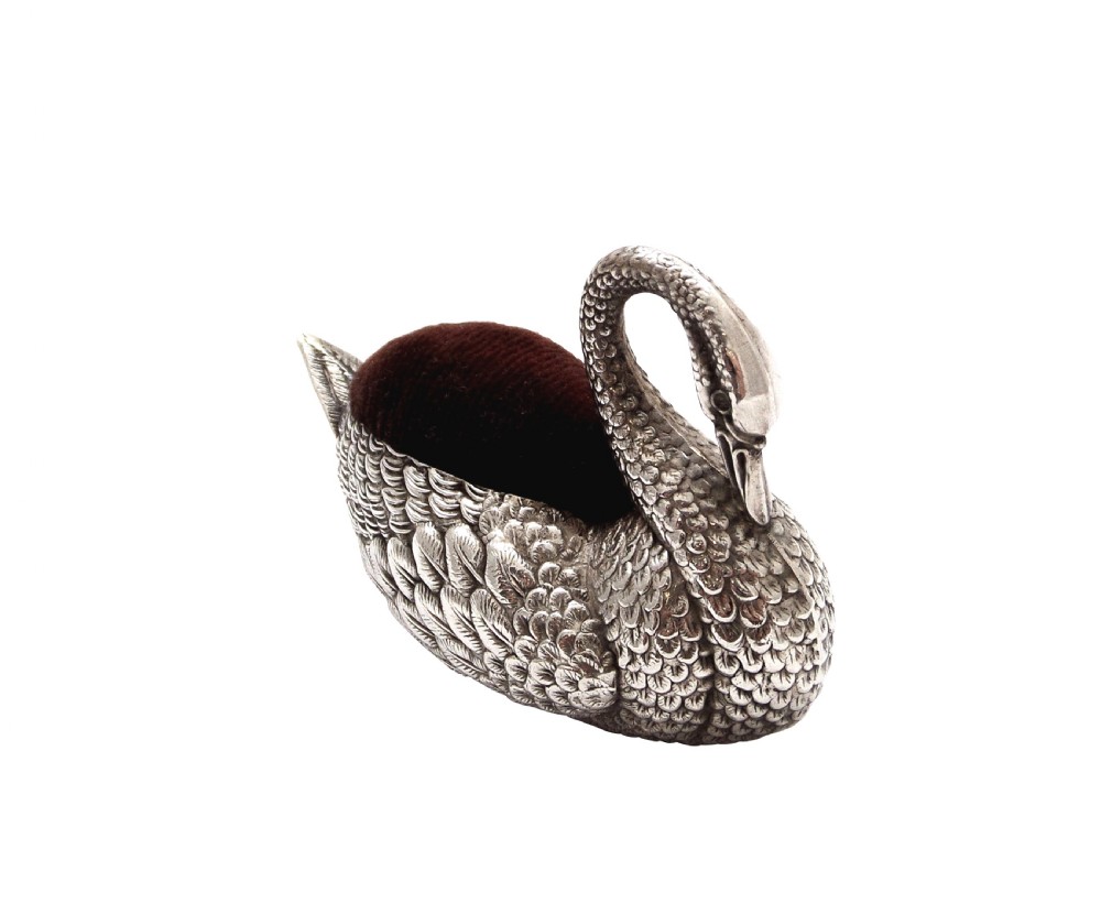 Antique Edwardian Sterling Silver Swan Pin Cushion 1907 View VI
