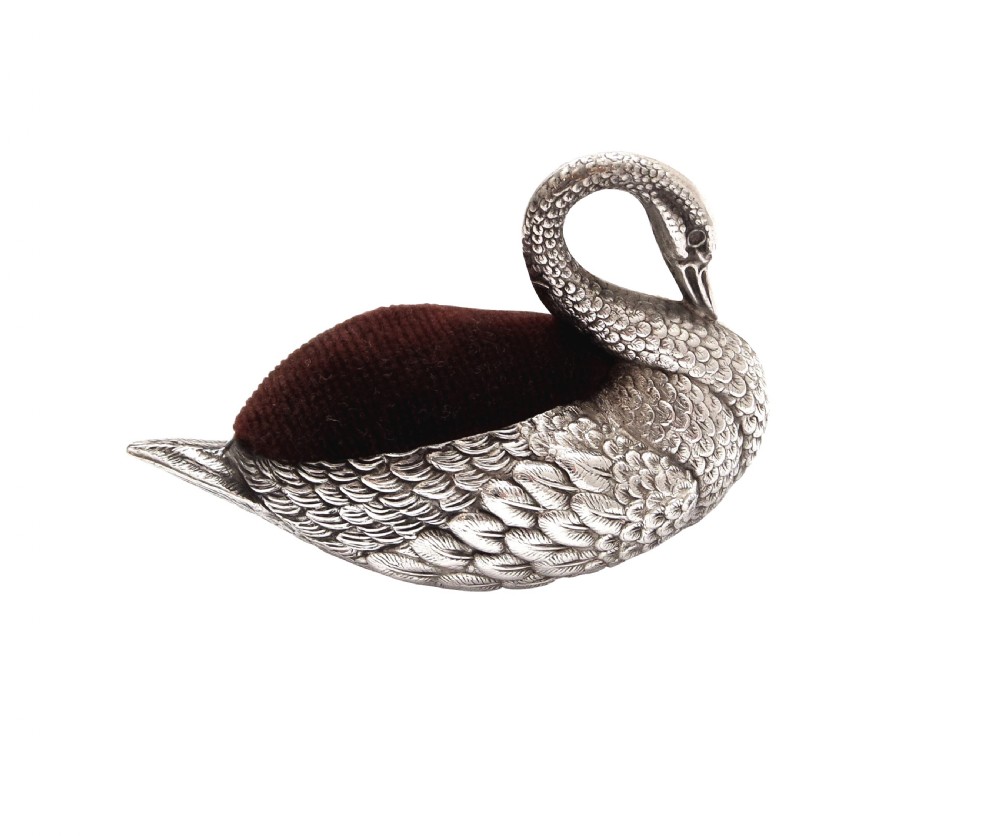 Antique Edwardian Sterling Silver Swan Pin Cushion 1907 View IX