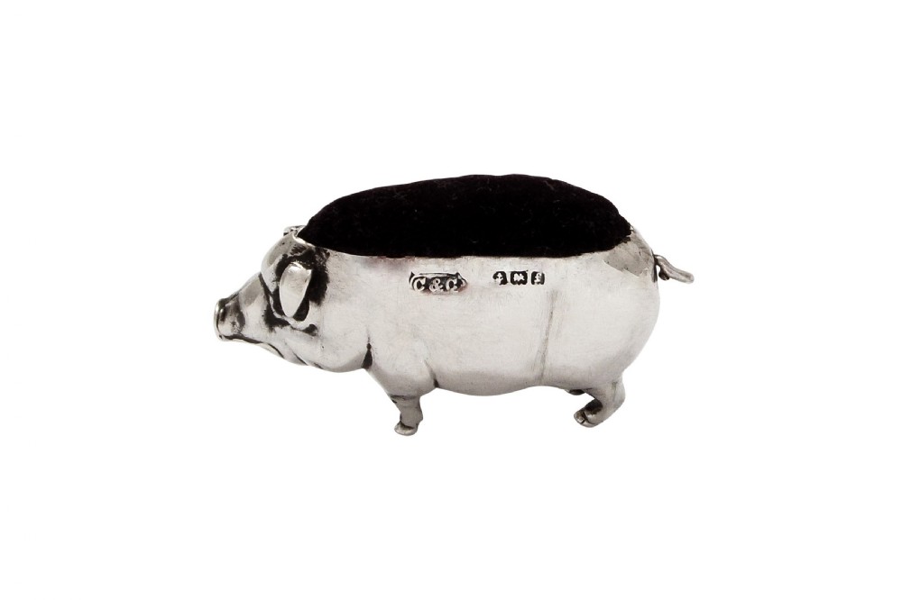 Antique Edwardian Sterling Silver Pig Pin Cushion 1905 View V