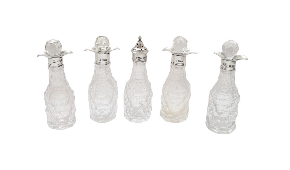 Antique Victorian Sterling Silver & Cut Glass Cruet Set 1900 View II