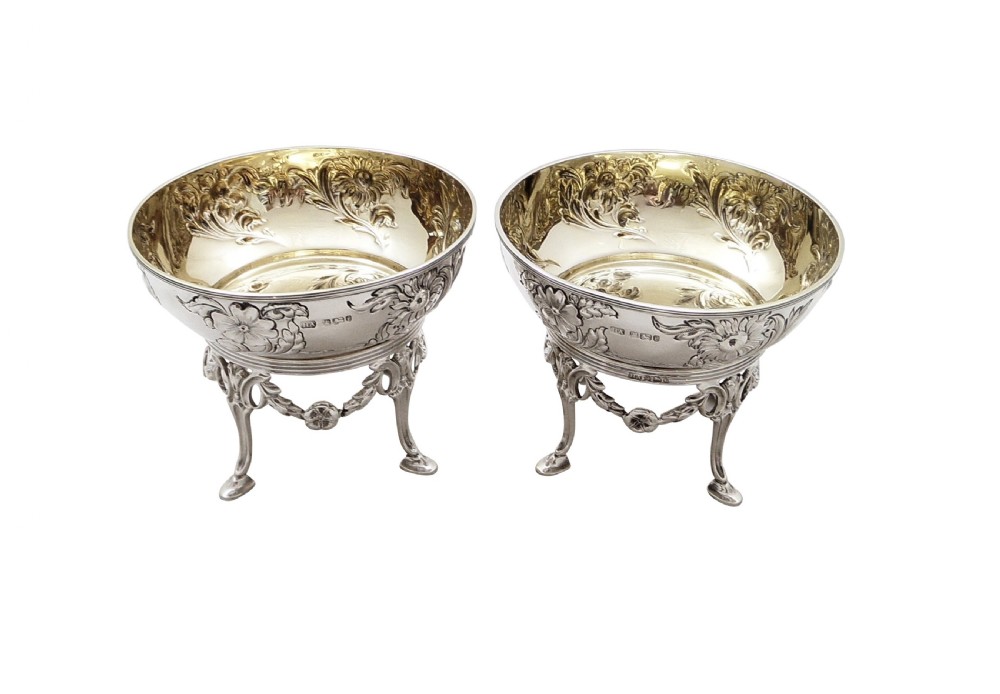 Pair of Antique Edwardian Sterling Silver Bowls / Dishes on Stands 1901 View IV