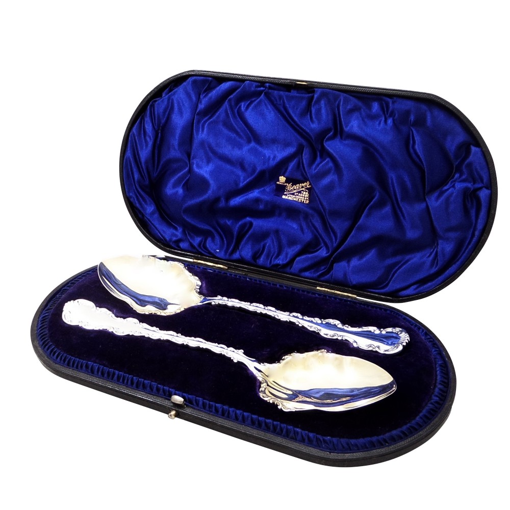 Pair of Antique Victorian Sterling Silver Serving Spoons in Case 1895