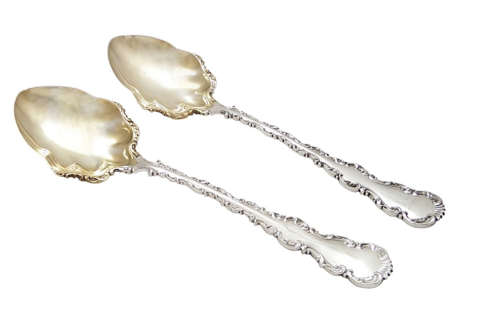 Pair of Antique Victorian Sterling Silver Serving Spoons in Case 1895 View II