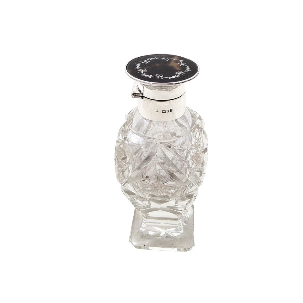 Antique Sterling Silver, Cut Glass & Inlaid Tortoiseshell Perfume Bottle 1912