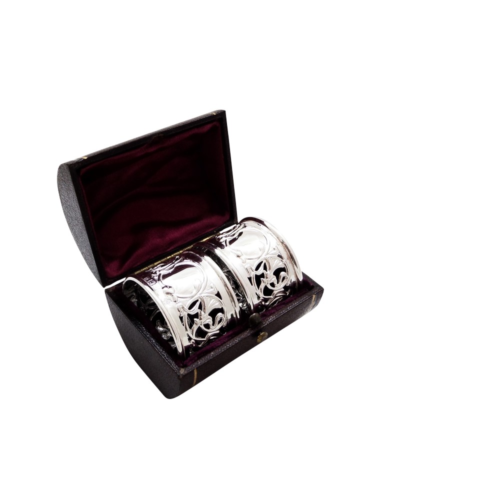 Pair of Antique Edwardian Sterling Silver Napkin Rings in Case 1903