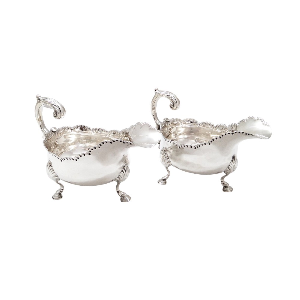 Pair of Antique Victorian Sterling Silver Gravy Boats / Sauce Jugs 1890