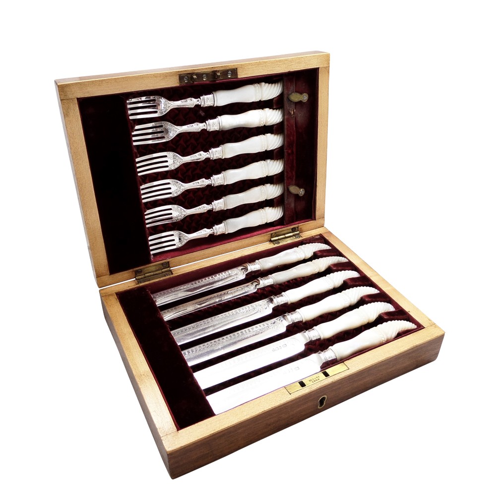 Set of Antique Victorian Sterling Silver & Mother of Pearl Dessert Cutlery 1897